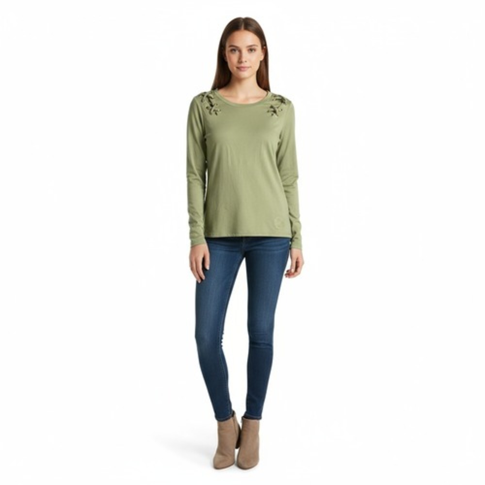 MICHAEL‎ KORS Womens Olive Green Lace Up Studded Long Sleeve Top Size L